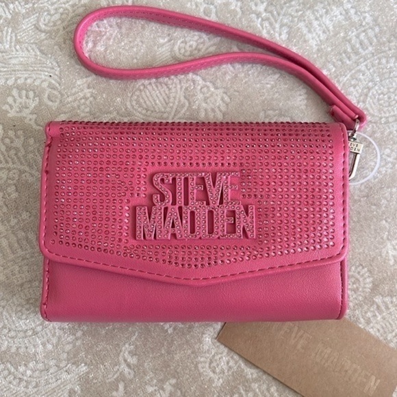 Brand New Steve Madden Pink Crystal Stone Bling Snap Close Wristlet Wallet - Picture 1 of 16
